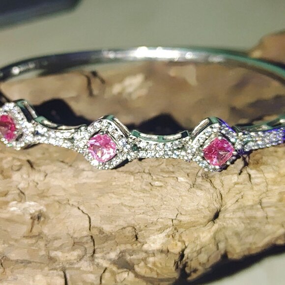 Pink Ruby Gemstone Bracelet Silver Plated Vintage Safety Hinged Prong Rhinestone - Picture 4 of 11